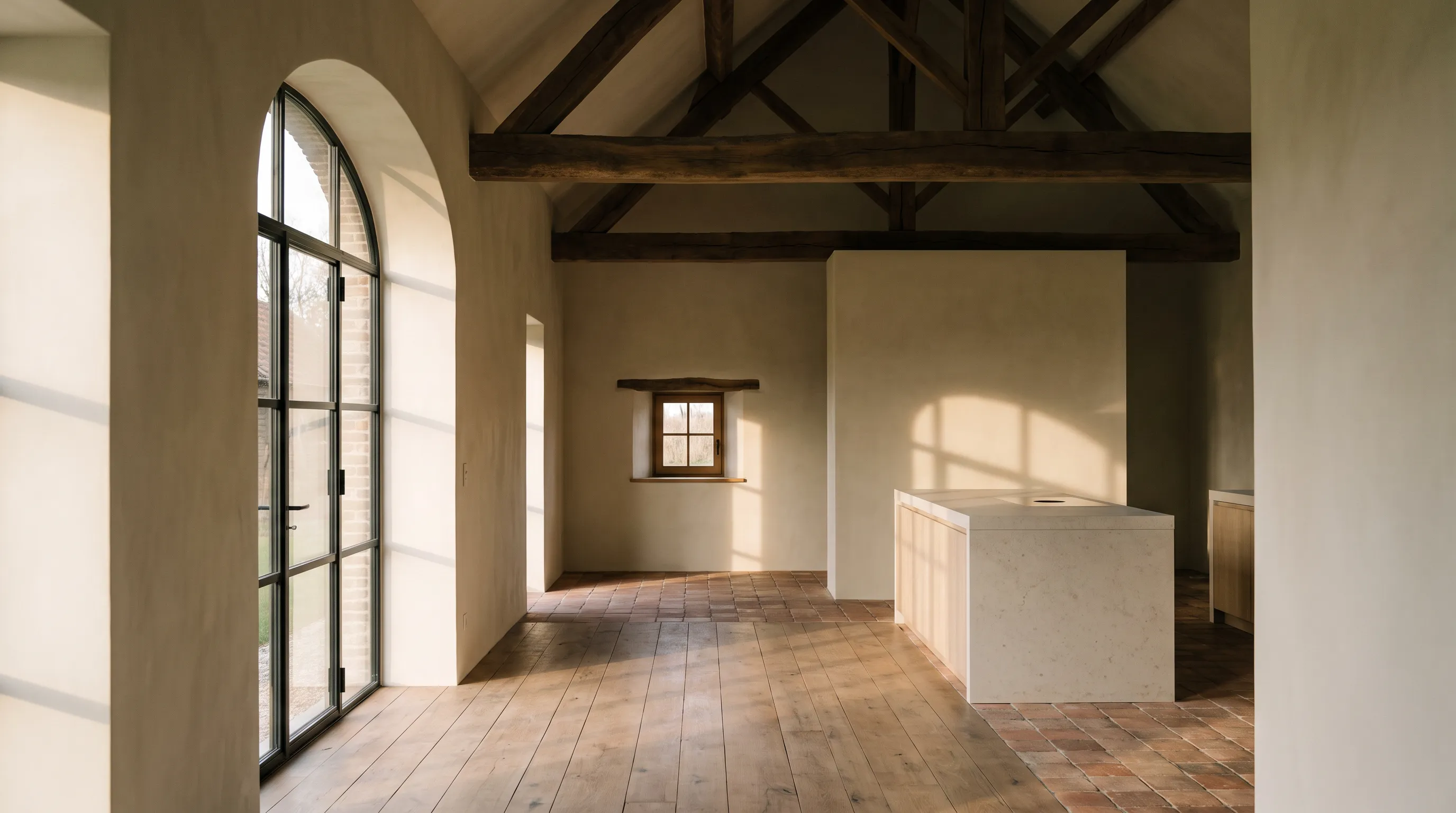 Eetkamer van Villa Boge met massief houten tafel en glazen bollenluchter